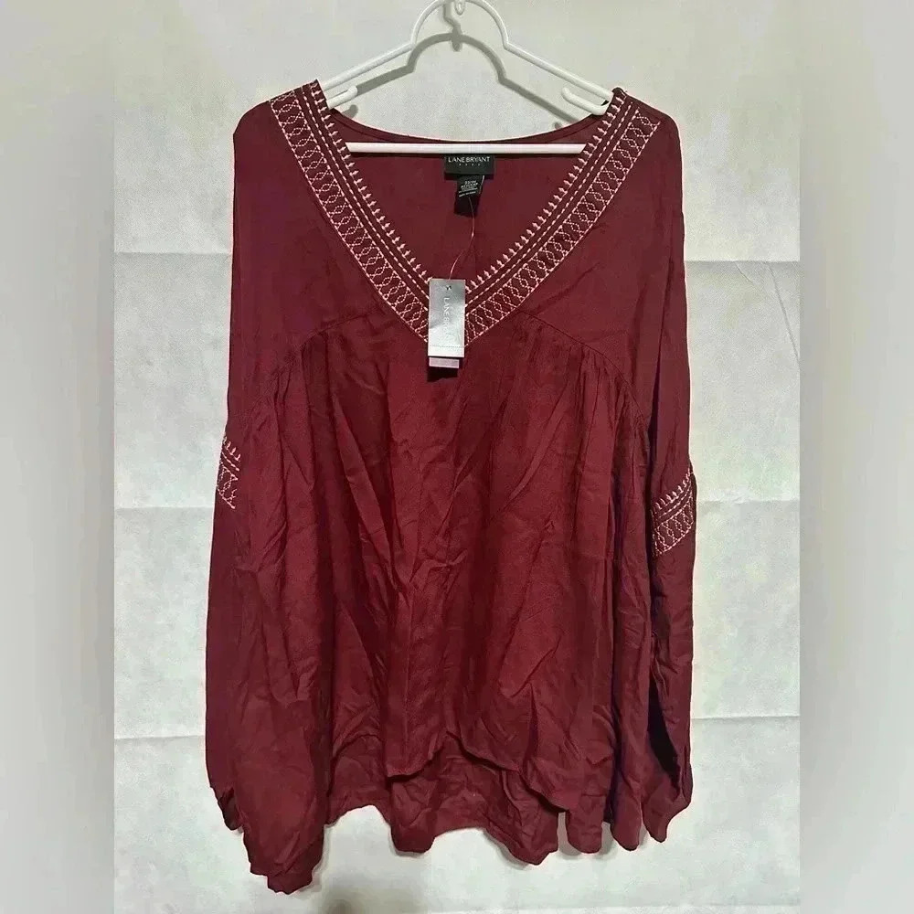 Lane Bryant Gold Embroidered Artist Burgundy Boho Blouse Top Sz 22/24 3X *NEW*